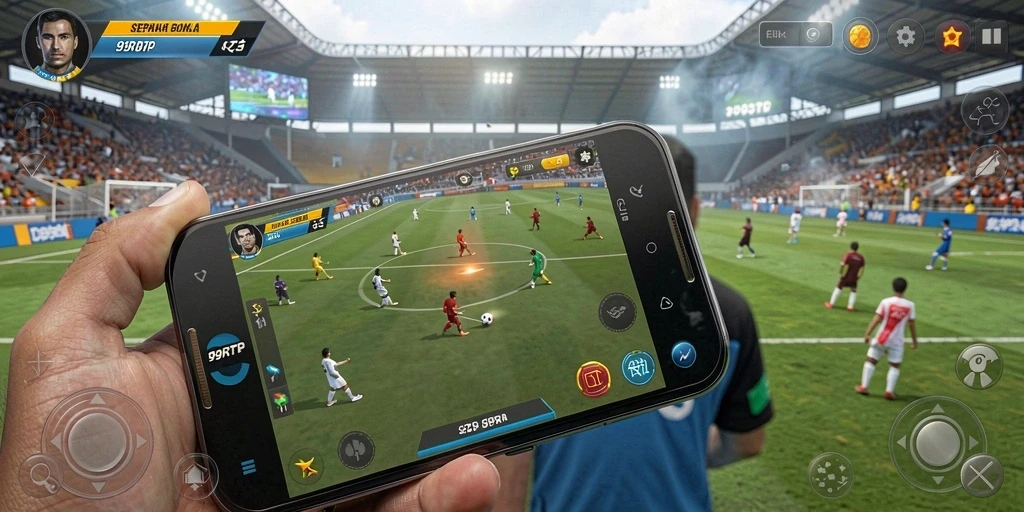 Screenshot gameplay 99RTP dengan aksi seru di lapangan sepak bola.