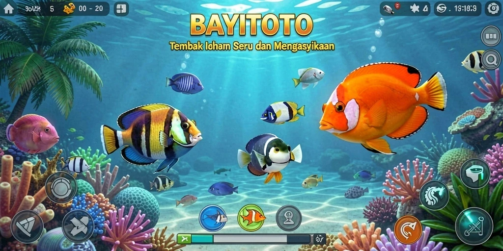 Screenshot utama BAYITOTO menampilkan gameplay Tembak Ikan yang seru dan penuh warna.