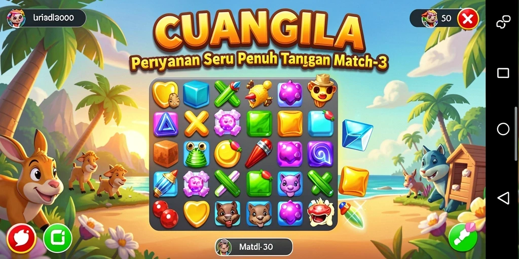 Screenshot gameplay CUANGILA yang menampilkan level penuh warna dalam permainan Match-3.