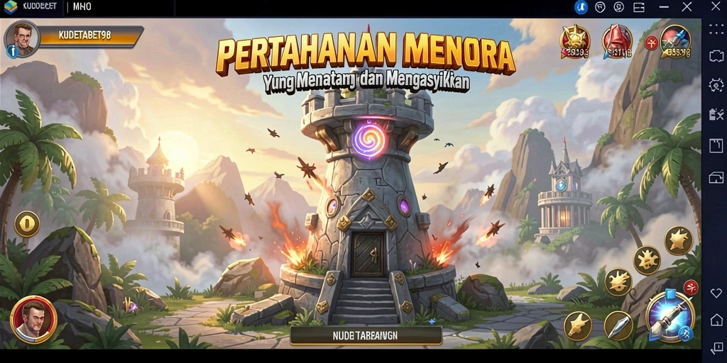 Tangkapan layar gameplay KUDETABET98 dengan menara dan musuh yang intens.