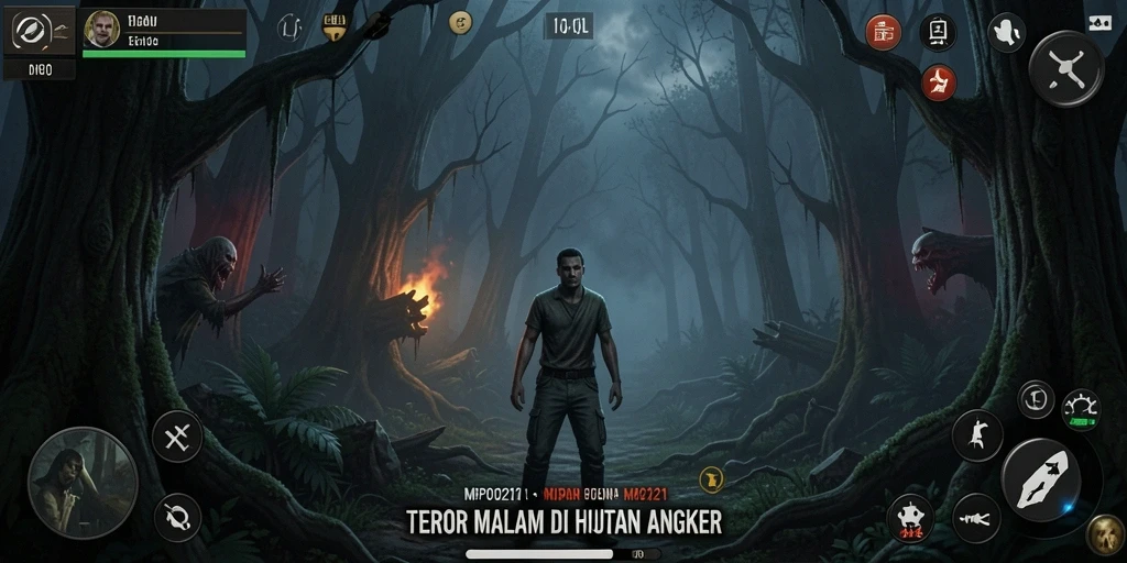 Screenshot MPO2121 menampilkan adegan horor yang mencekam di hutan angker.