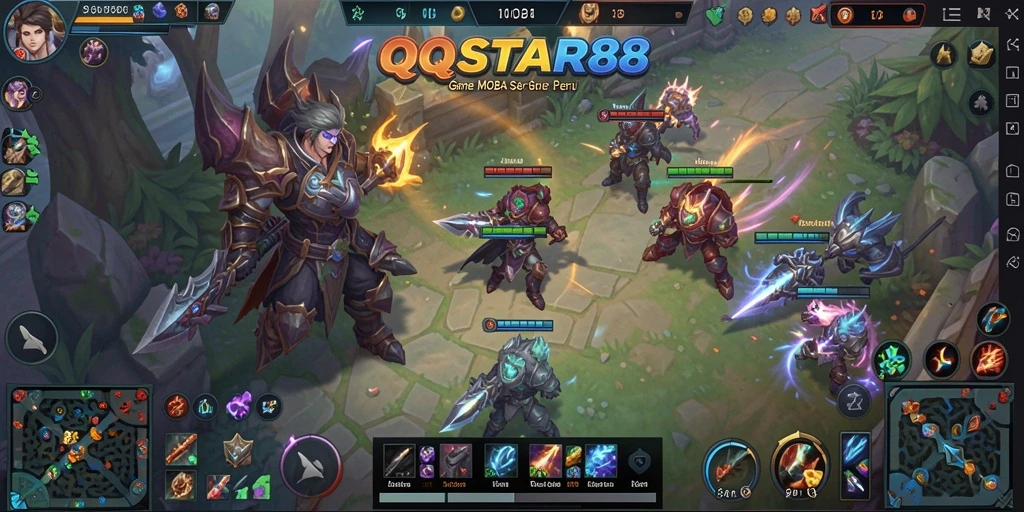 Screenshot <strong>QQSTAR88</strong> menampilkan aksi pertempuran yang intens dalam permainan MOBA.