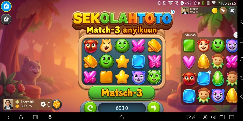 Screenshot gameplay <strong>SEKOLAHTOTO</strong> menampilkan tantangan Match-3 yang seru.